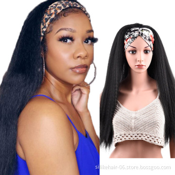 High Quality 24 Inch Black Kinky Straight Hair Headband Wig With Pre-attached Scarf Synthetic Yaki Straight Headband Wigs